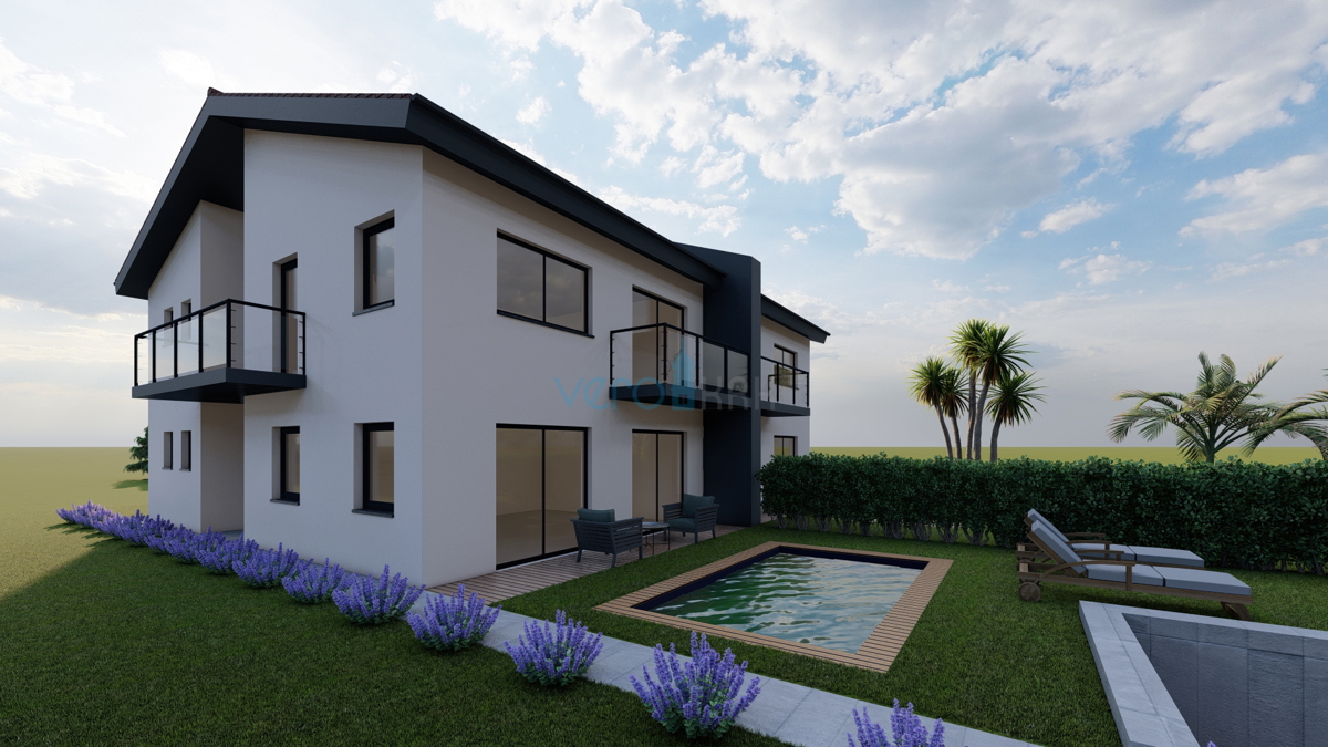 Isola di Krk, baia di Soline, nuova costruzione, casa bifamiliare 130 m2 con piscina, vista, vendita