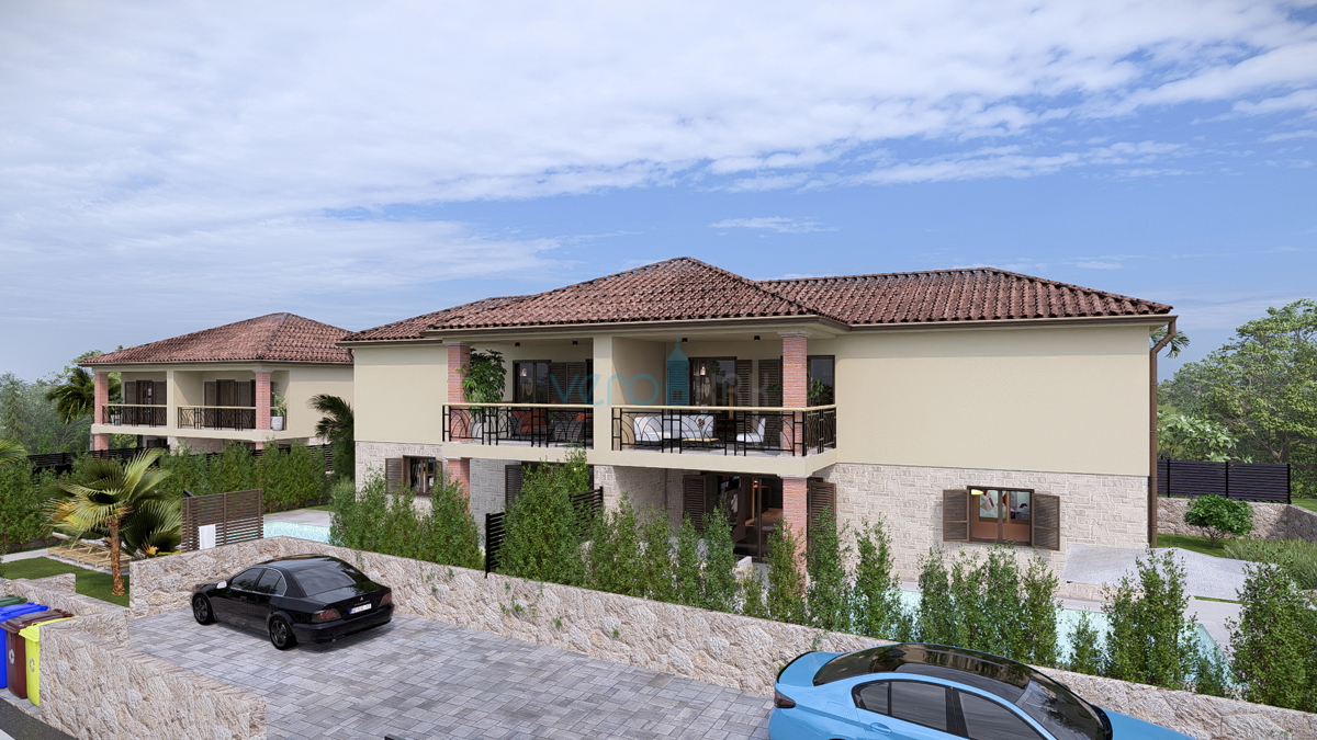 Città di Krk, periferia, terreno edificabile 716 m2, permesso di costruzione con progetto, vista, vendita