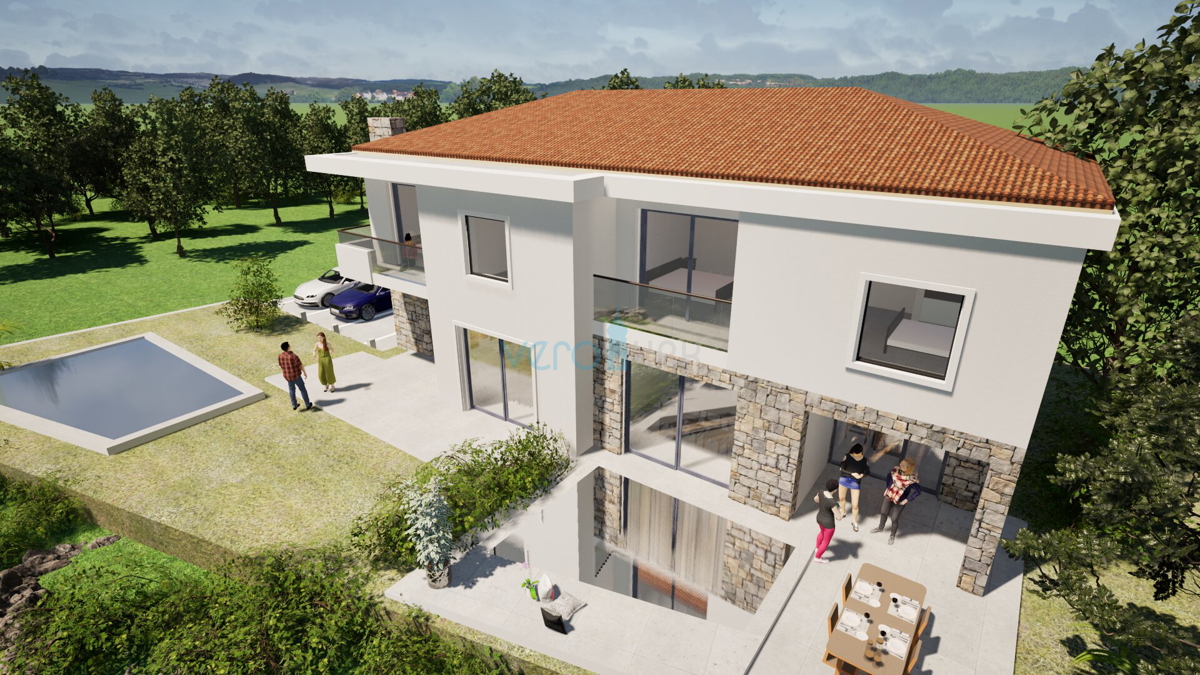 Malinska, isola di Krk, nuova costruzione, moderna casa bifamiliare, vista, giardino, vendita