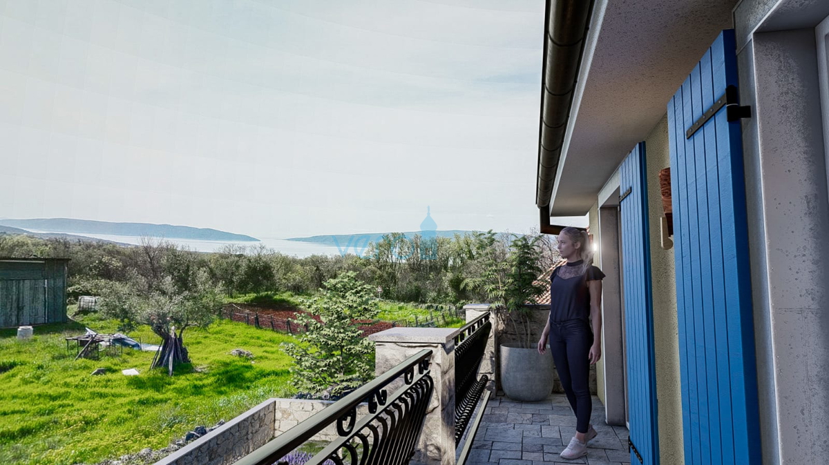 Città di Krk, dintorni, nuova casa in pietra con piscina e vista panoramica sul mare, in vendita