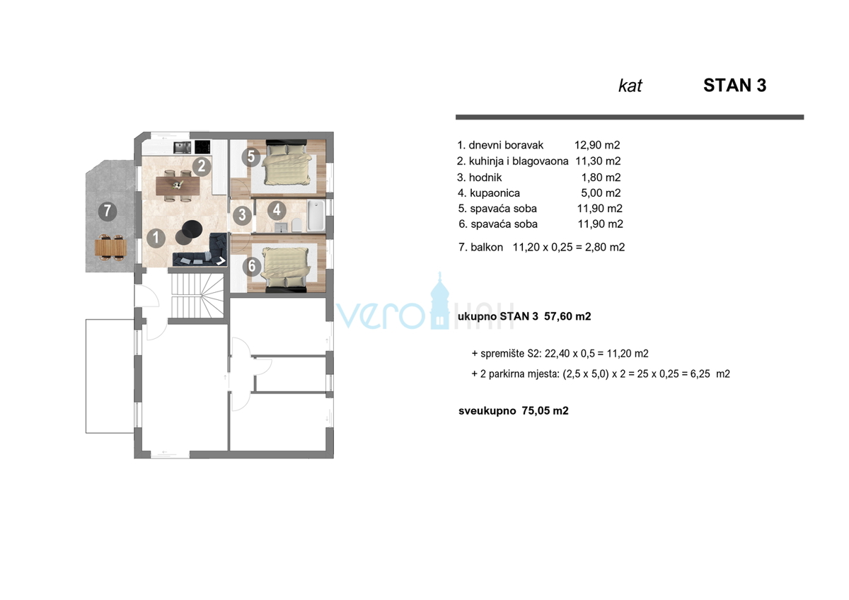 Isola di Krk, Omišalj, appartamento con 2 camere da letto al 1° piano con balcone e 2 posti auto, nuova costruzione, vendita