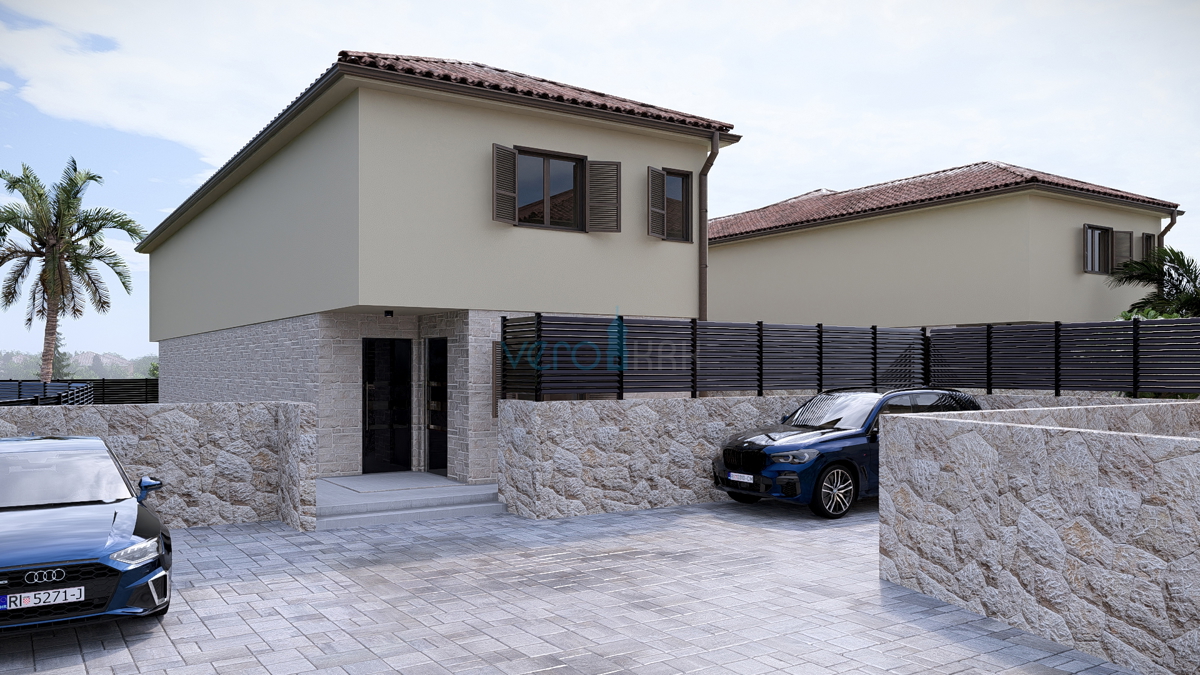 Città di Krk, periferia, terreno edificabile 716 m2, permesso di costruzione con progetto, vista, vendita