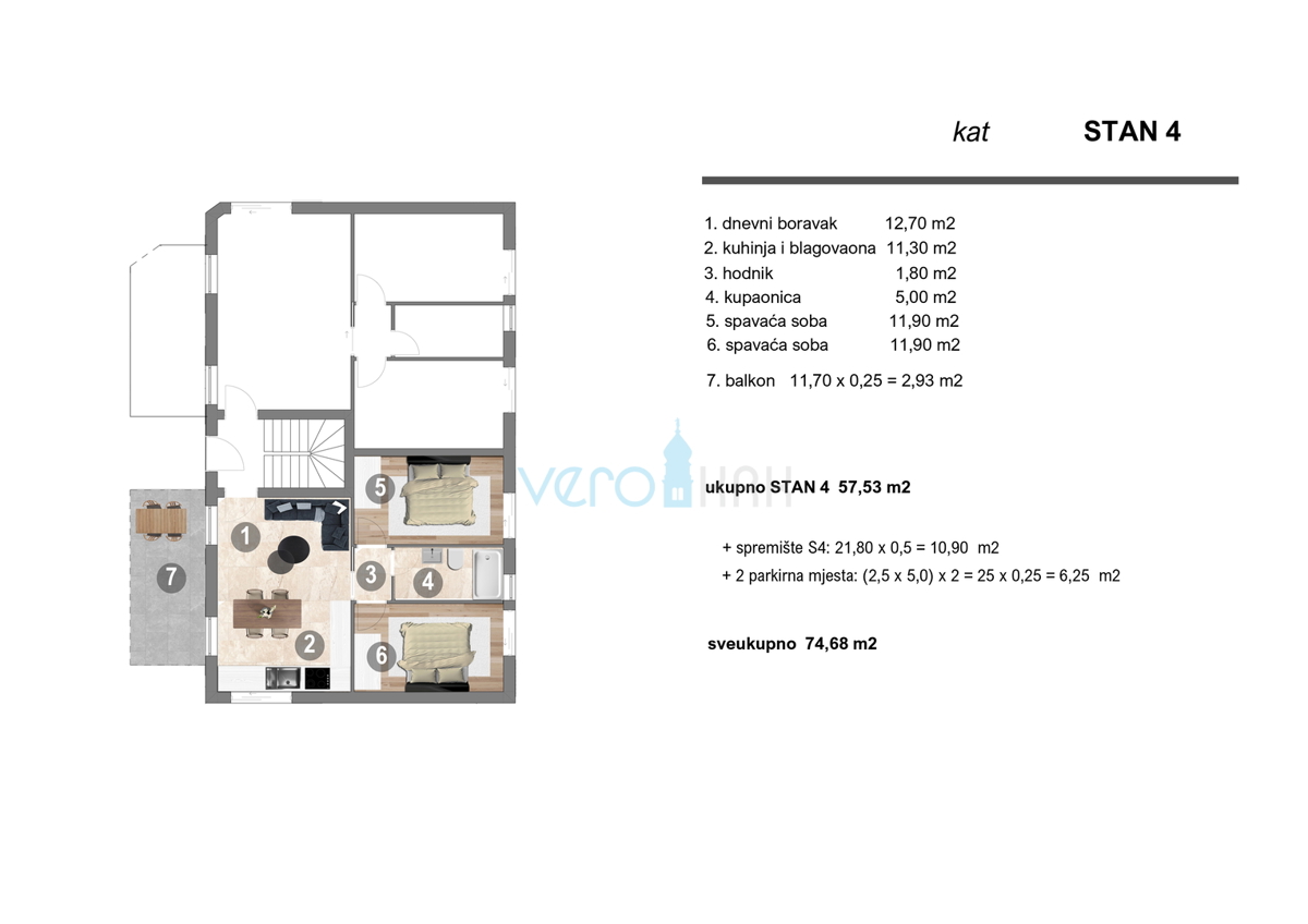 Isola di Krk, Omišalj, appartamento con 2 camere da letto al 1° piano con balcone e 2 posti auto, nuova costruzione, vendita